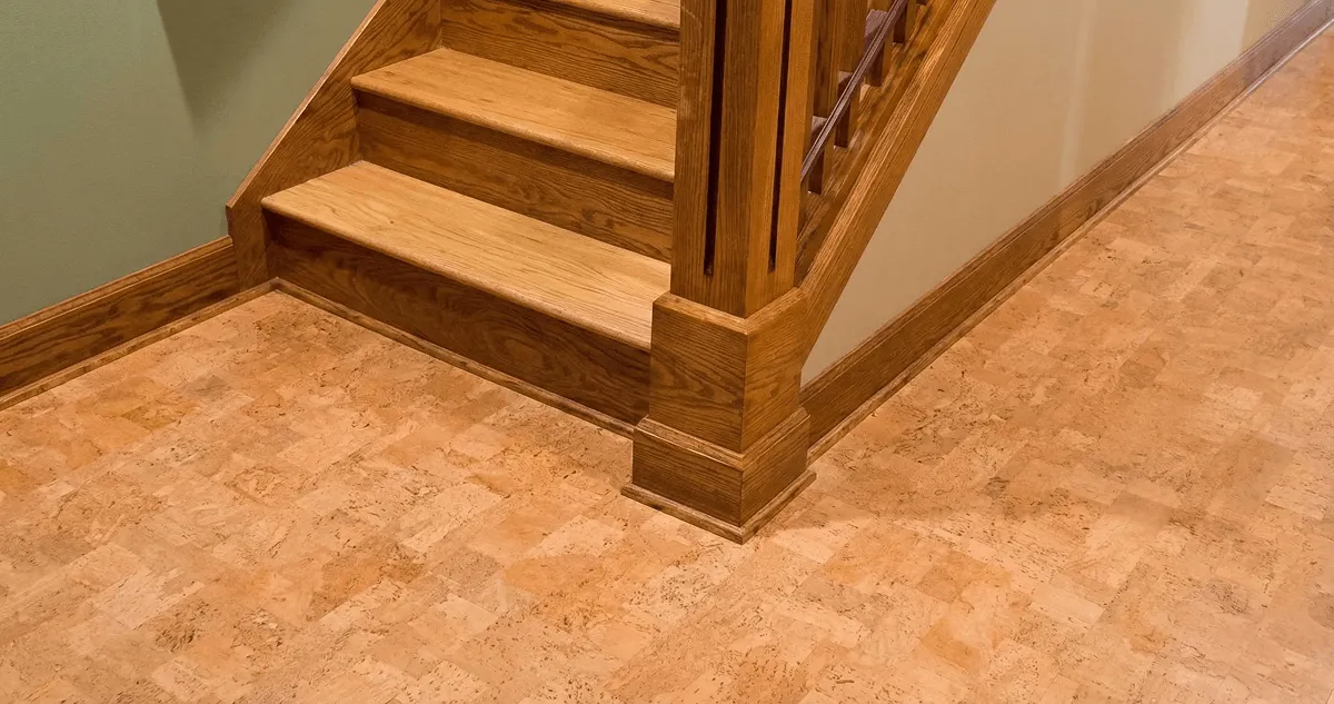 End of a staircase with cork flooring in Raleigh, NC